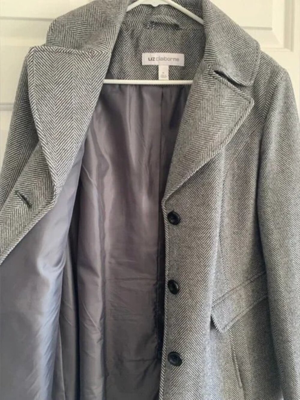Liz Claiborne Ladies XL Herringbone Gray Wool Coat